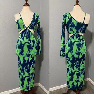 ZARA Green Asymmetric Jacquard V-Neck Dress Size S Spaghetti Strap One Sleeve